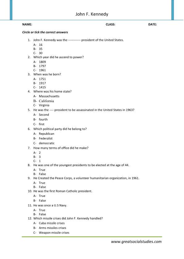 John f Kennedy facts, worksheet works, john f Kennedy biography | GREAT ...